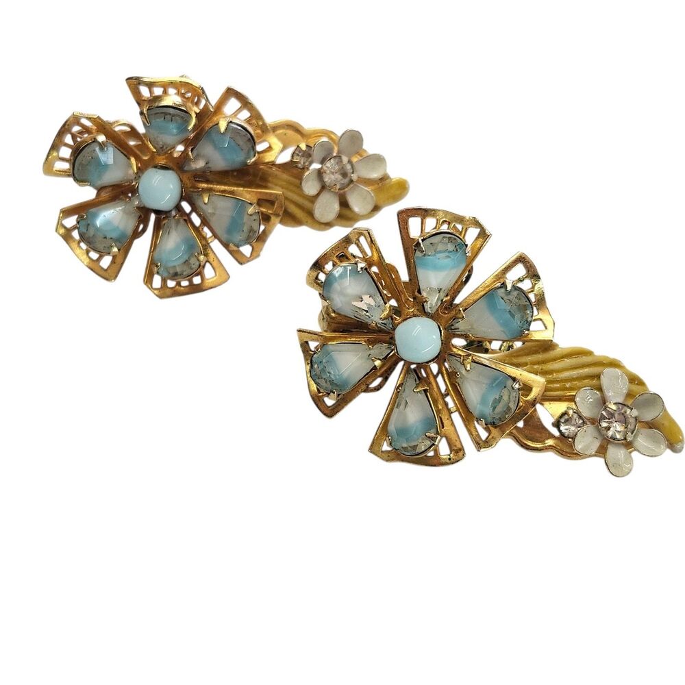 Original by Robert Clip On Earrings Blue Flower Rhinestone Gold Filigree VTG 50s - Picture 3 of 8